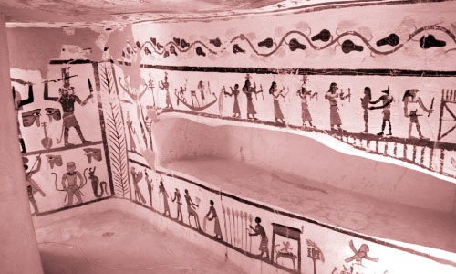 بادى باستت.. أسطورة إيزيس وأوزوريس تتجسد على جدران مقبرة مزوقة